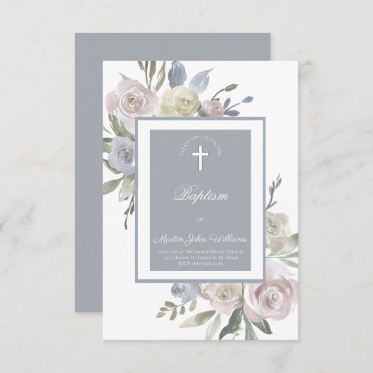繊細な水彩のバラが額縁に | 洗礼 招待状 (正面/裏面)