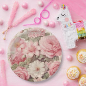 繊細な水彩ピンクのバラ&リンゴの花 ペーパープレート (パーティー)