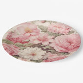 繊細な水彩ピンクのバラ&リンゴの花 ペーパープレート (アングル)