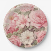 繊細な水彩ピンクのバラ&リンゴの花 ペーパープレート (正面)
