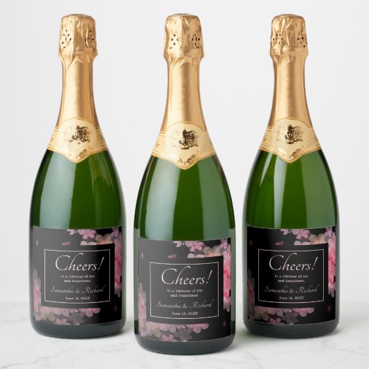 繊細な水彩ピンクフローラ スパークリングワインラベル (ボトル)