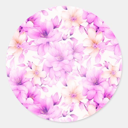 繊細な水彩ピンク色の花 ラウンドシール (正面)