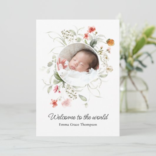 繊細な水彩フローラ誕生発表 招待状 (スタンド正面)