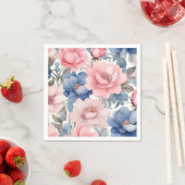繊細な水彩ブルーとピンクの花模様 スタンダードカクテルナプキン (インサイチュ)
