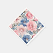 繊細な水彩ブルーとピンクの花模様 スタンダードカクテルナプキン (角)
