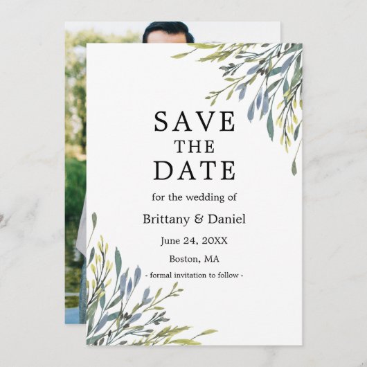 繊細な水彩植物性緑色写真 セーブザデート