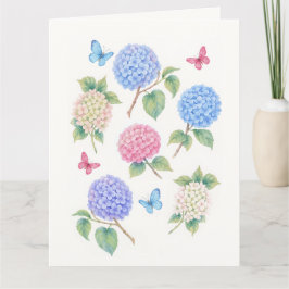 繊細な水彩画のハイドランジアと蝶のカード サンキューカード