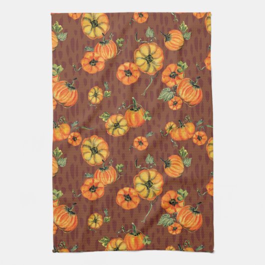 繊細な水彩画の秋のカボチャ オレンジ/ラスト キッチンタオル (縦)