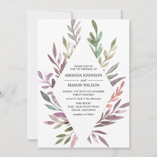 繊細な水彩画の葉の結婚式招待状 招待状 (正面)