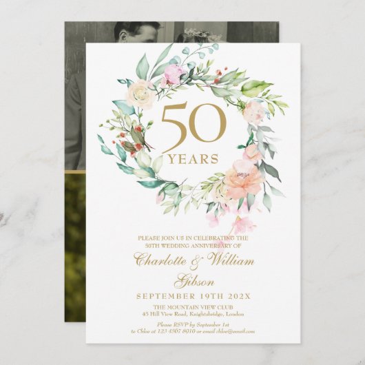 繊細な水彩花のローズの花環をあしらった、エレガントなボタニカルデザインの50周年結婚記念日の招待状で 招待状 (正面/裏面)