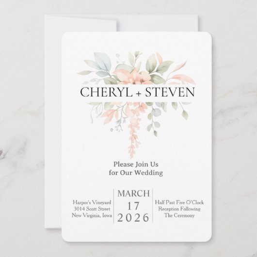 繊細な水彩花束 - ピンクのバラの花 招待状 (正面)