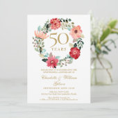 繊細な水彩花環のゴールド50周年結婚記念日 招待状 (スタンド正面)