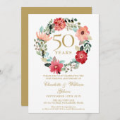 繊細な水彩花環のゴールド50周年結婚記念日 招待状 (正面/裏面)