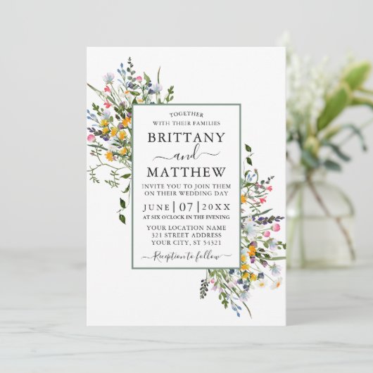 繊細な水彩野花結婚のセージ緑 招待状 (スタンド正面)