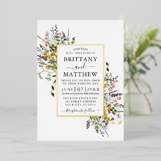 繊細な水彩野草写真結婚の金ゴールド 箔招待状 (立ち正面)