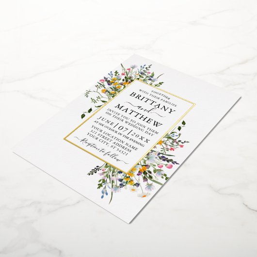 繊細な水彩野草写真結婚の金ゴールド 箔招待状 (回転した状態)