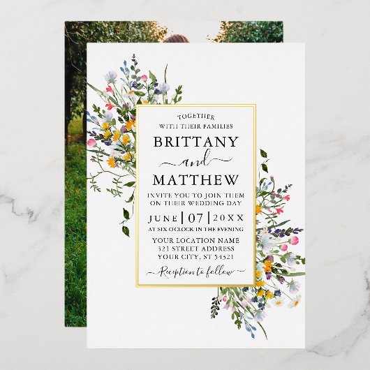 繊細な水彩野草写真結婚の金ゴールド 箔招待状 (正面/裏面)