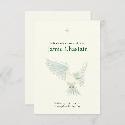 繊細な水彩鳩バプテスマI 招待状 (正面/裏面)