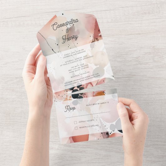 繊細な水彩 モダン パステル 春のウェディング オールインワン招待状 (貼ってはがせる)