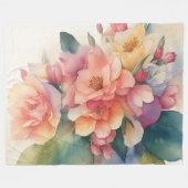 繊細な水色のフローラ絵画の フリースブランケット (正面(横))