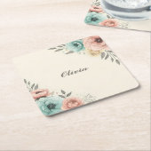 繊細な水色の斜め花 スクエアペーパーコースター (アングル)