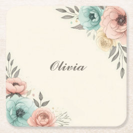 繊細な水色の斜め花 スクエアペーパーコースター