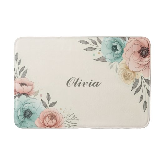 繊細な水色の斜め花 バスマット (正面)