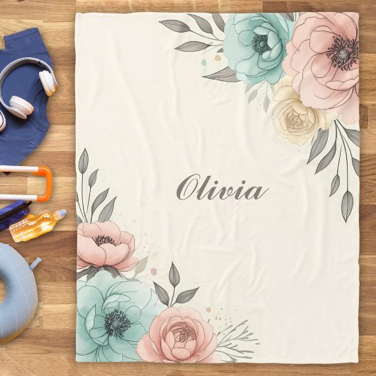 繊細な水色の斜め花 フリースブランケット