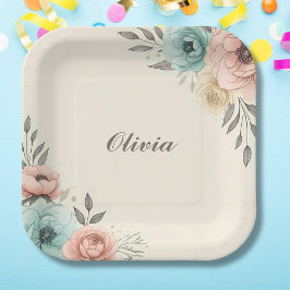 繊細な水色の斜め花 ペーパープレート