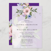 繊細な水色ピンクのローズパープル結婚ズ 招待状 (正面/裏面)