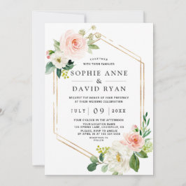 繊細な水色ピンク白フローラ結婚金ゴールド 招待状
