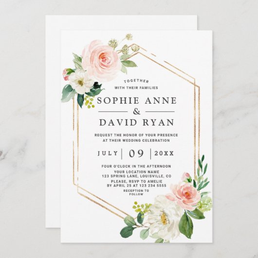 繊細な水色ピンク白フローラ結婚金ゴールド 招待状 (正面/裏面)