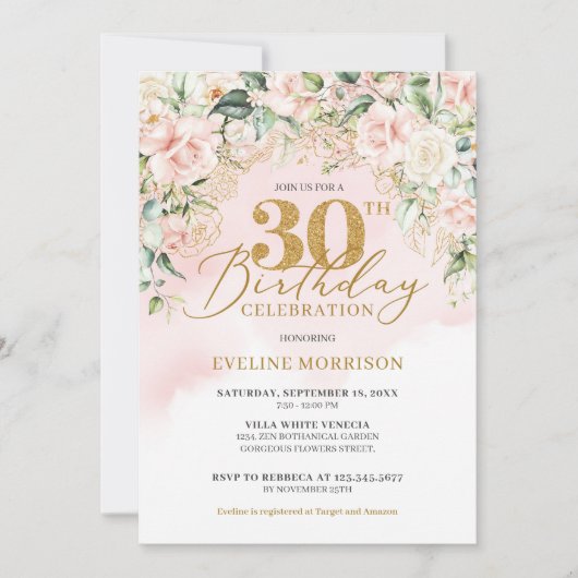 繊細な淡いピンクのバラグリーン金ゴールド30th誕生日 招待状 (正面)