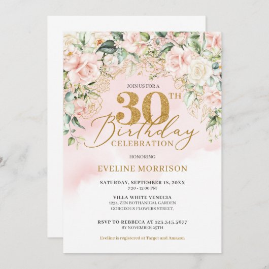 繊細な淡いピンクのバラグリーン金ゴールド30th誕生日 招待状 (正面/裏面)