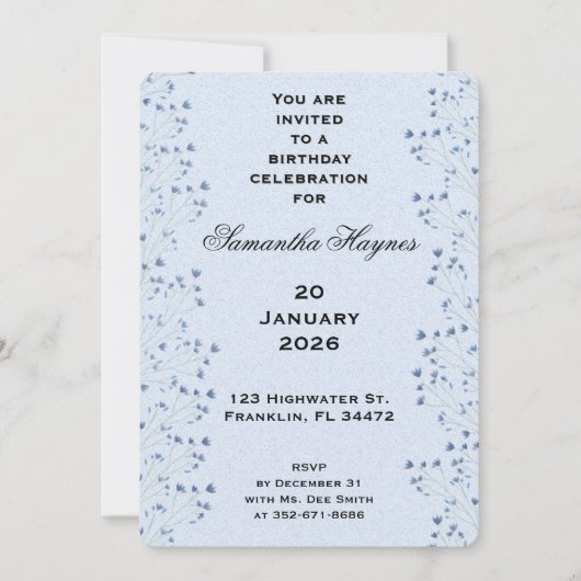 繊細な濃い青の野草誕生日パーティー 招待状 (正面)