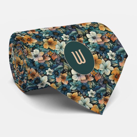 繊細な焦げオレンジと緑のフローラ ネクタイ (ロール)