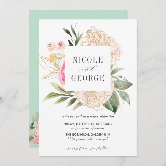 繊細な牡丹のゴールドタイポグラフィー水彩結婚式 招待状 (正面/裏面)