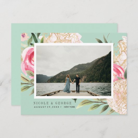 繊細な牡丹の金ゴールドの花の写真は日付を保存 案内状 (正面/裏面)