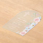 繊細な牡丹アーチ最初の聖餐式 アクリル招待状 (レイダウン)