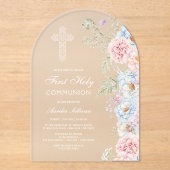 繊細な牡丹アーチ最初の聖餐式 アクリル招待状 (正面)
