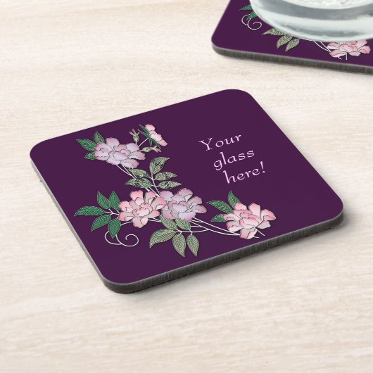 繊細な牡丹エレガントの花の模様と文字 コースター (左側)