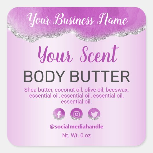 繊細な瑪瑙パープルシルバーグリッター製品ラベル スクエアシール (正面)