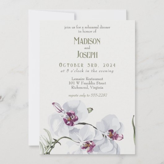 繊細な白いオーキッド結婚のディナーリハーサル 招待状 (正面)