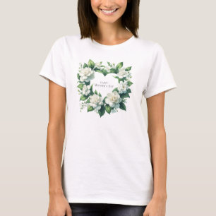 繊細な白いガーデニアハートリース母の日 Tシャツ