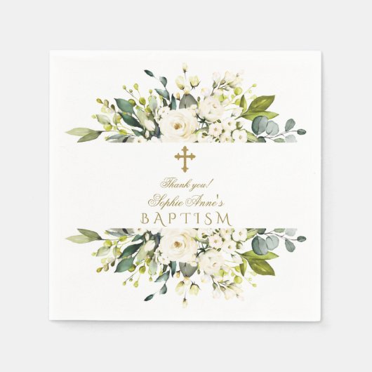 繊細な白いクリームの花金ゴールドクロスバプテスマ スタンダードカクテルナプキン (正面)