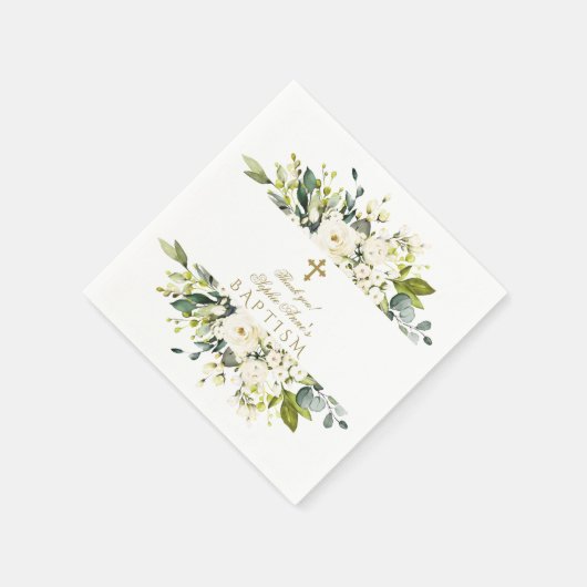 繊細な白いクリームの花金ゴールドクロスバプテスマ スタンダードカクテルナプキン (角)