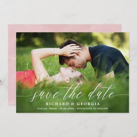 繊細な白いスクリプトオーバーレイ写真の保存日付 セーブザデート (正面/裏面)