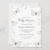 繊細な白いバタフライガーデンガールベビーシャワー 招待状 (正面)