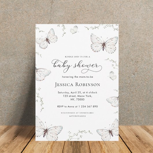 繊細な白いバタフライガーデンガールベビーシャワー 招待状