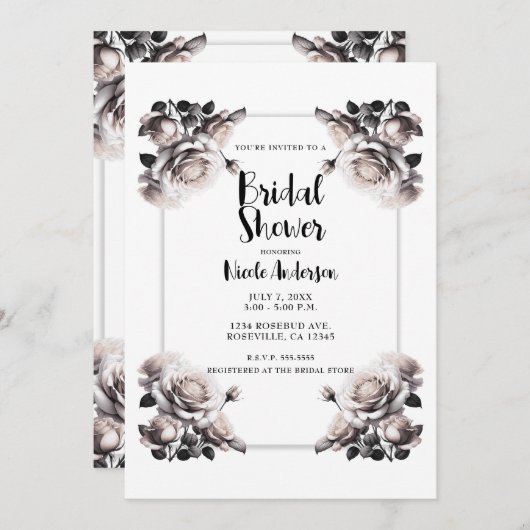 繊細な白いバラみすぼらしいシックなシャワー 招待状 (正面/裏面)